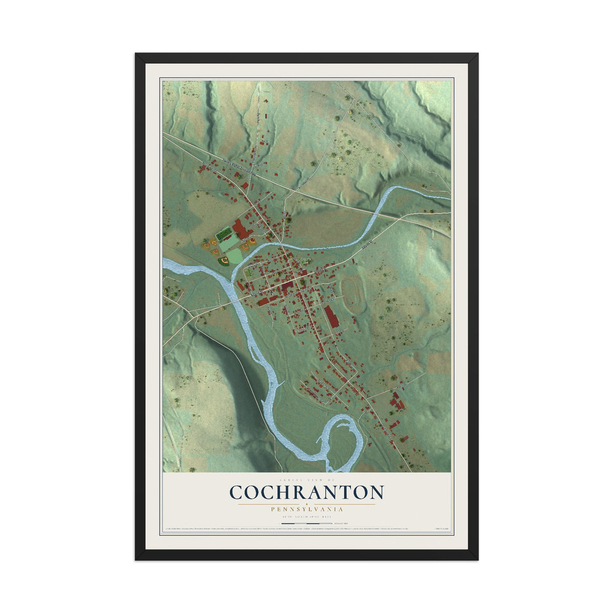 Map of Cochranton, Pennsylvania, 12 x 18 inch print in a black wood frame