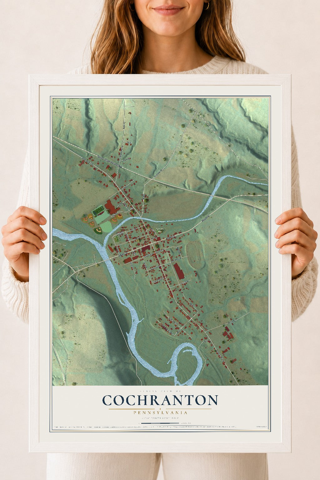 Map of Cochranton, Pennsylvania, 18 x 24 inch print in a white wood frame