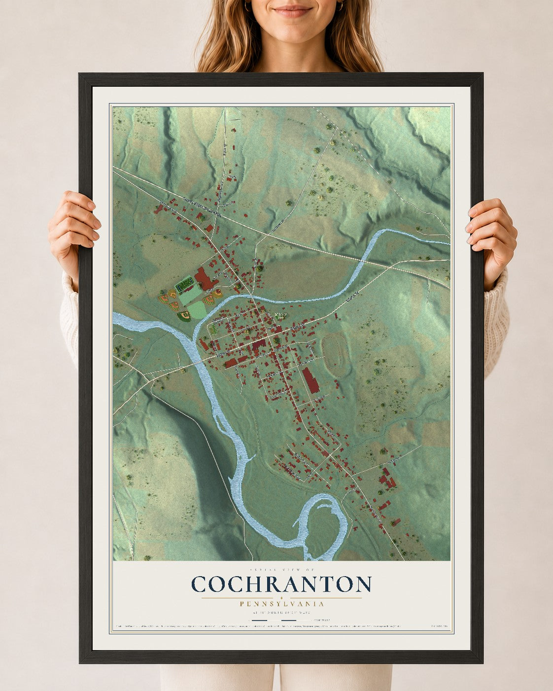 Map of Cochranton, Pennsylvania, 24 x 36 inch print in a black wood frame