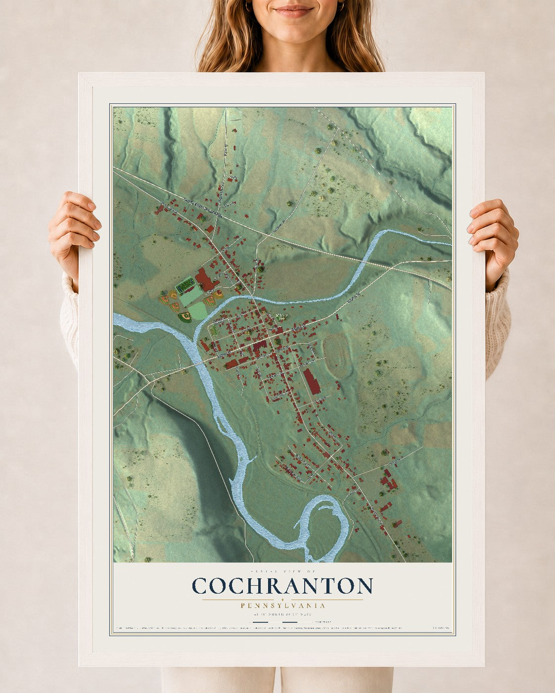 Map of Cochranton, Pennsylvania, 24 x 36 inch print in a white wood frame