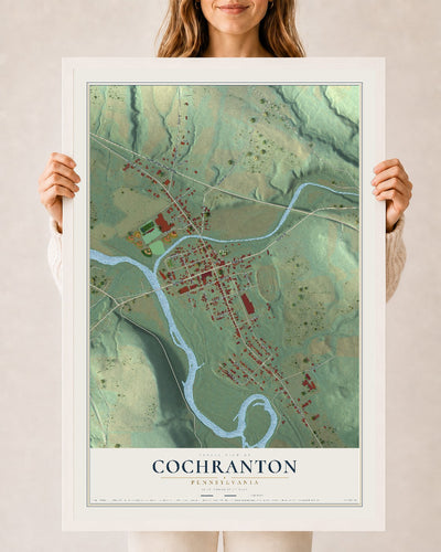 Map of Cochranton, Pennsylvania, 24 x 36 inch print in a white wood frame