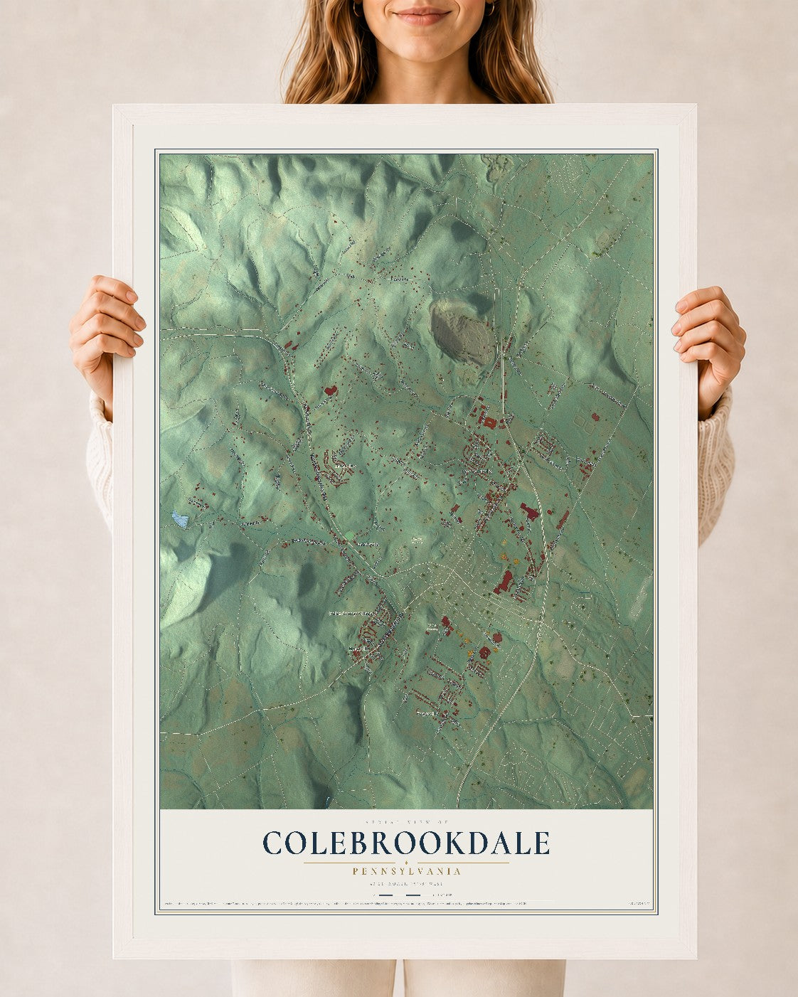 Map of Colebrookdale, Pennsylvania, 24 x 36 inch print in a white wood frame