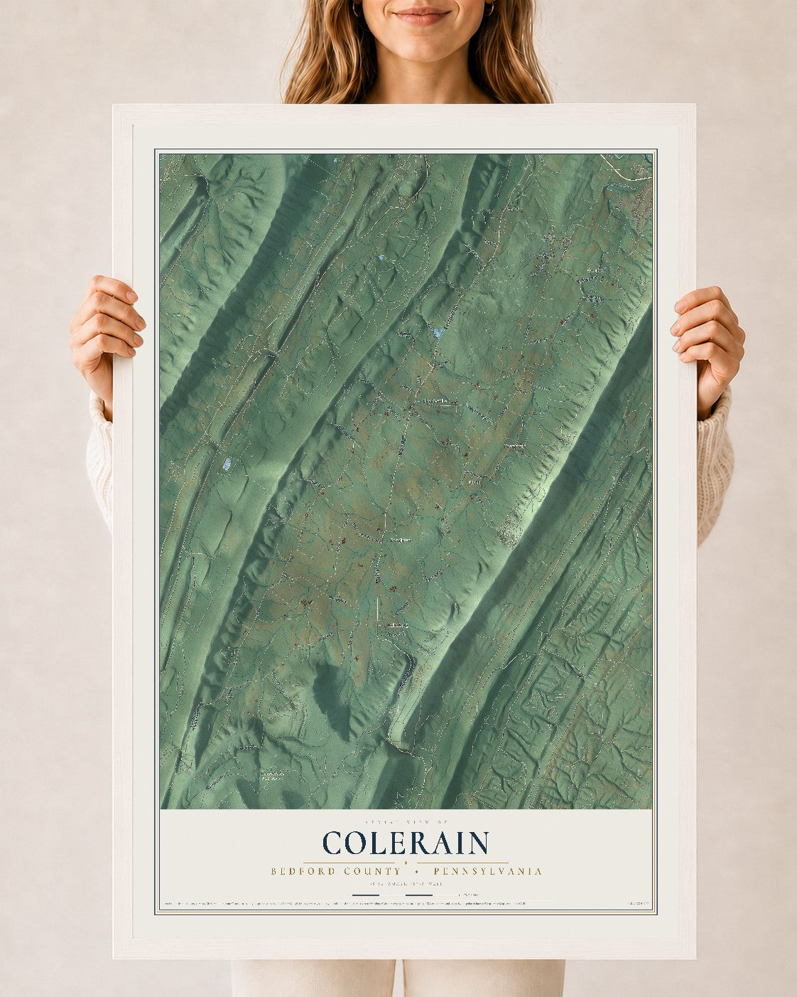 Map of Colerain, Bedford County, Pennsylvania, 24 x 36 inch print in a white wood frame