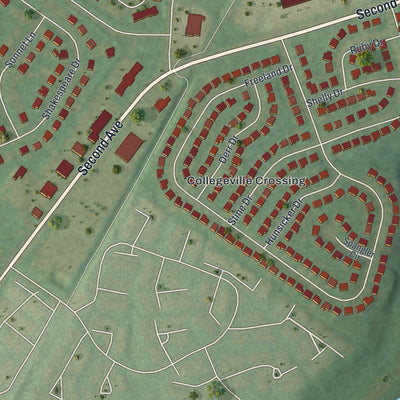 Second close-up of the map of Collegeville, Pennsylvania print showing more streets and buildings