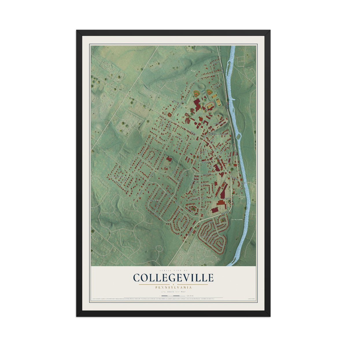 Map of Collegeville, Pennsylvania, 12 x 18 inch print in a black wood frame