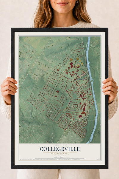 Map of Collegeville, Pennsylvania, 18 x 24 inch print in a black wood frame
