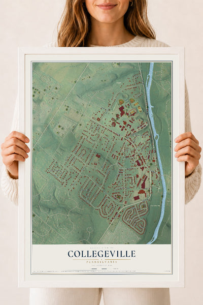 Map of Collegeville, Pennsylvania, 18 x 24 inch print in a white wood frame