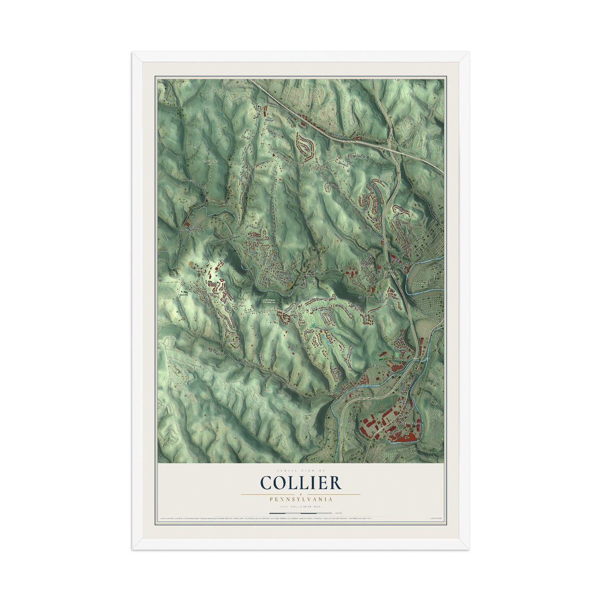 Map of Collier, Pennsylvania, 12 x 18 inch print in a white wood frame