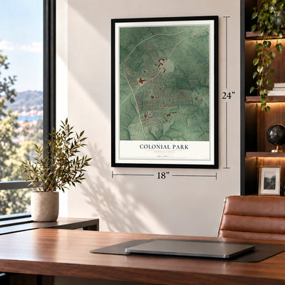 Colonial Park, Pennsylvania map, 18 x 24 inch print in a black frame in a home office