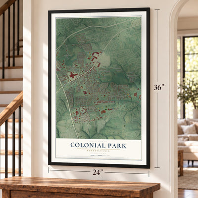 Colonial Park, Pennsylvania map, 24 x 36 inch print in a black frame by a staircase