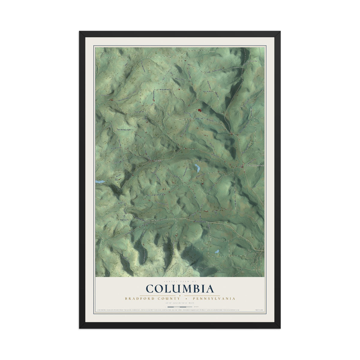 Map of Columbia, Bradford County, Pennsylvania, 12 x 18 inch print in a black wood frame