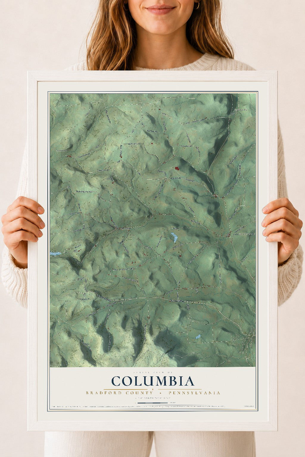 Map of Columbia, Bradford County, Pennsylvania, 18 x 24 inch print in a white wood frame