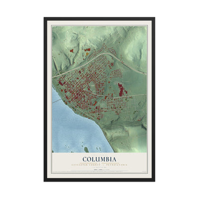 Map of Columbia, Lancaster County, Pennsylvania, 12 x 18 inch print in a black wood frame