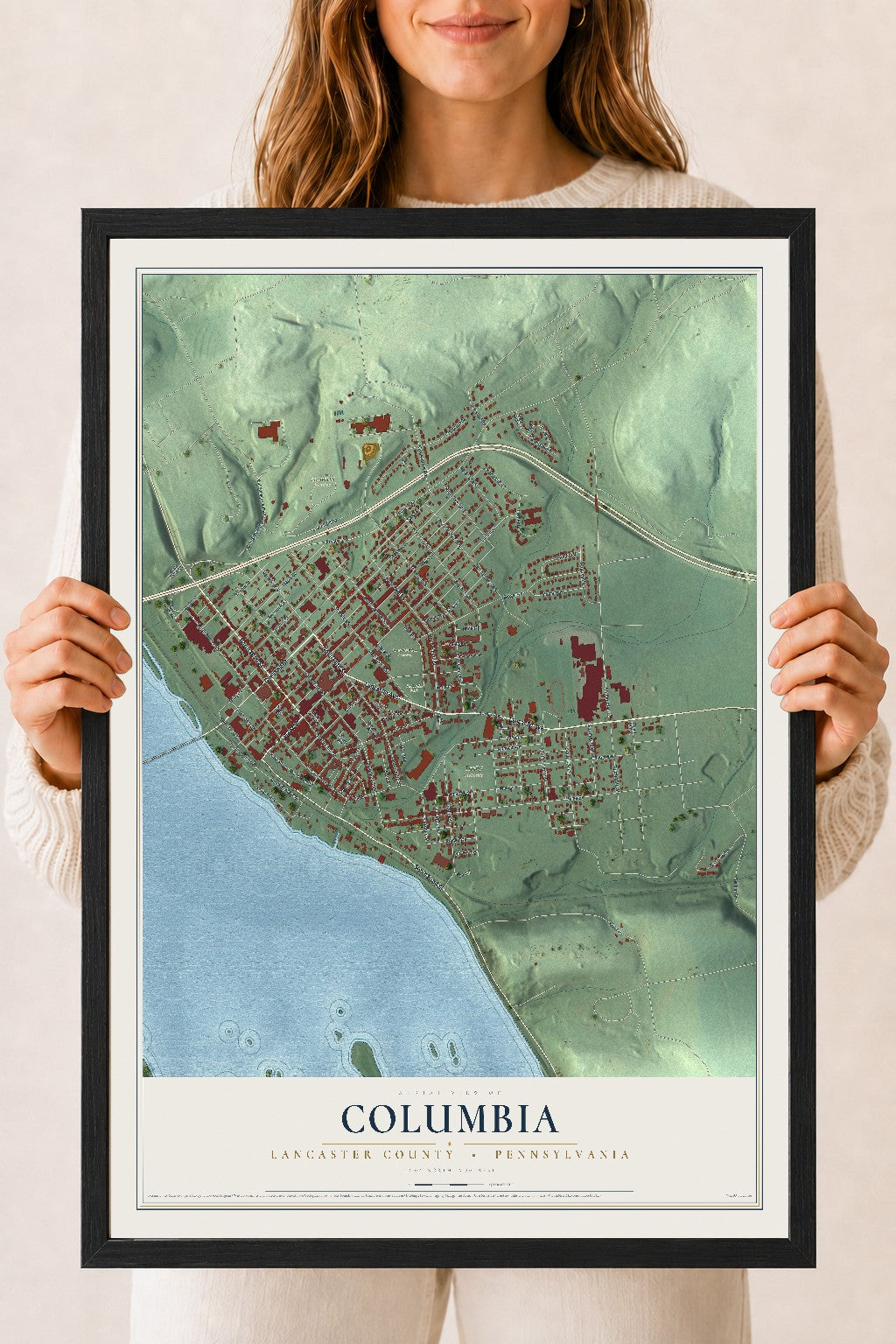 Map of Columbia, Lancaster County, Pennsylvania, 18 x 24 inch print in a black wood frame