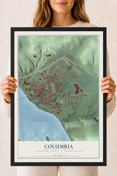 Map of Columbia, Lancaster County, Pennsylvania, 18 x 24 inch print in a black wood frame