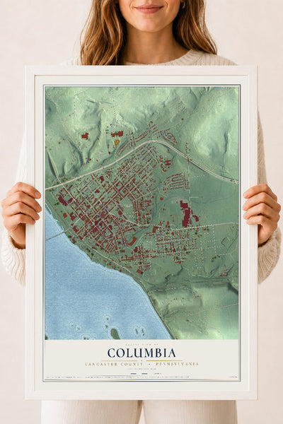 Map of Columbia, Lancaster County, Pennsylvania, 18 x 24 inch print in a white wood frame