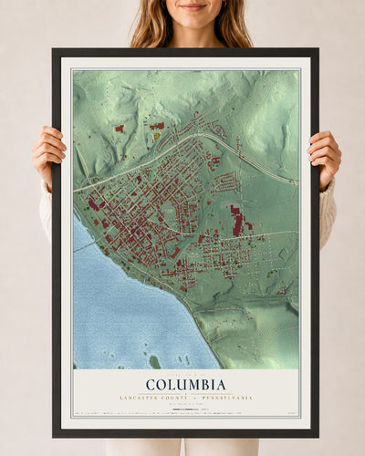 Map of Columbia, Lancaster County, Pennsylvania, 24 x 36 inch print in a black wood frame