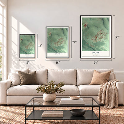 Colver, Pennsylvania map in 12 x 18, 18 x 24 and 24 x 36 inch sizes above a sofa