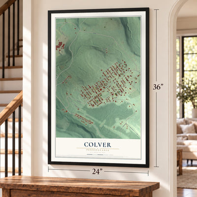 Colver, Pennsylvania map, 24 x 36 inch print in a black frame by a staircase