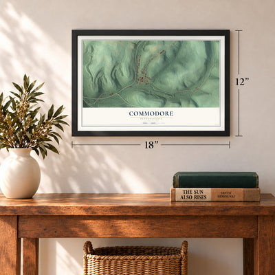 Commodore, Pennsylvania map, 12 x 18 inch print in a black frame in an entryway