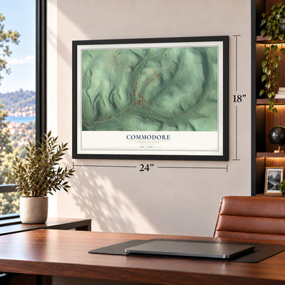 Commodore, Pennsylvania map, 18 x 24 inch print in a black frame in a home office