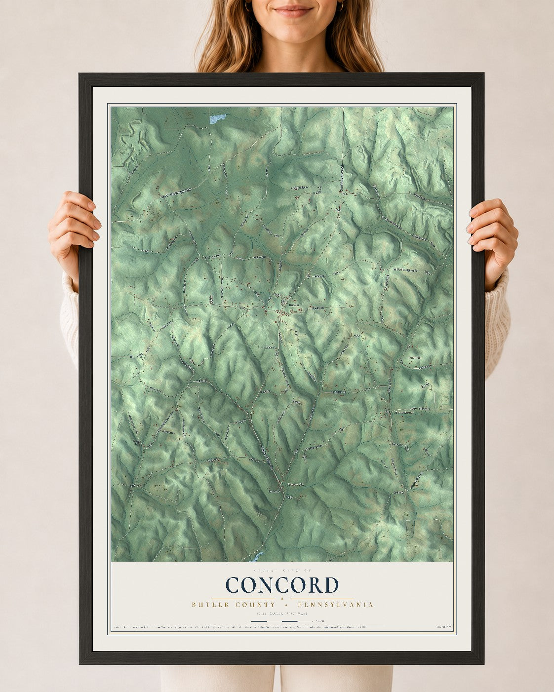 Map of Concord, Butler County, Pennsylvania, 24 x 36 inch print in a black wood frame