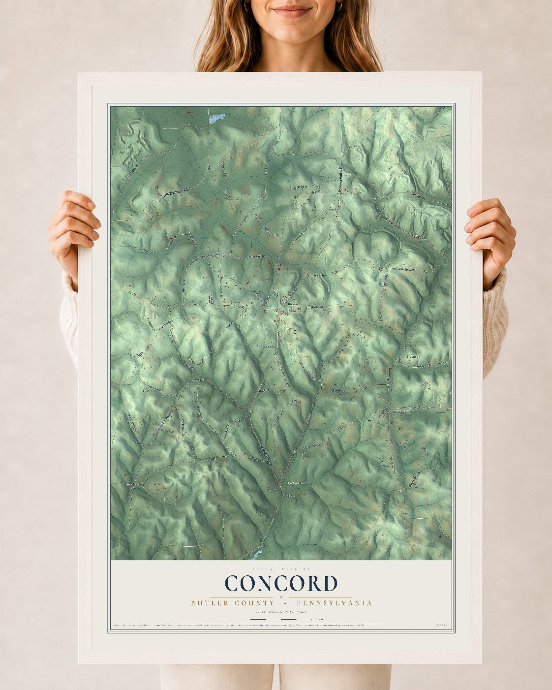 Map of Concord, Butler County, Pennsylvania, 24 x 36 inch print in a white wood frame