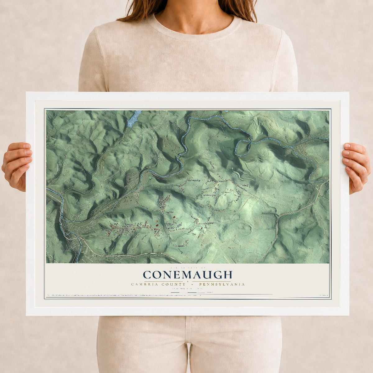 Map of Conemaugh, Cambria County, Pennsylvania, 12 x 18 inch print in a white wood frame