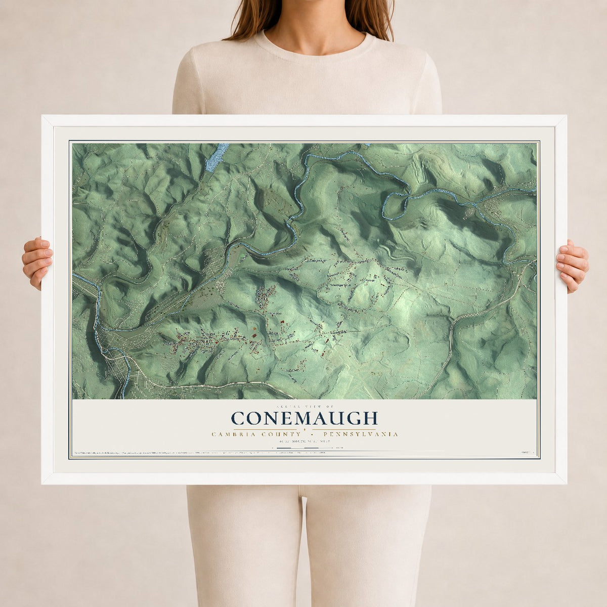 Map of Conemaugh, Cambria County, Pennsylvania, 24 x 36 inch print in a white wood frame