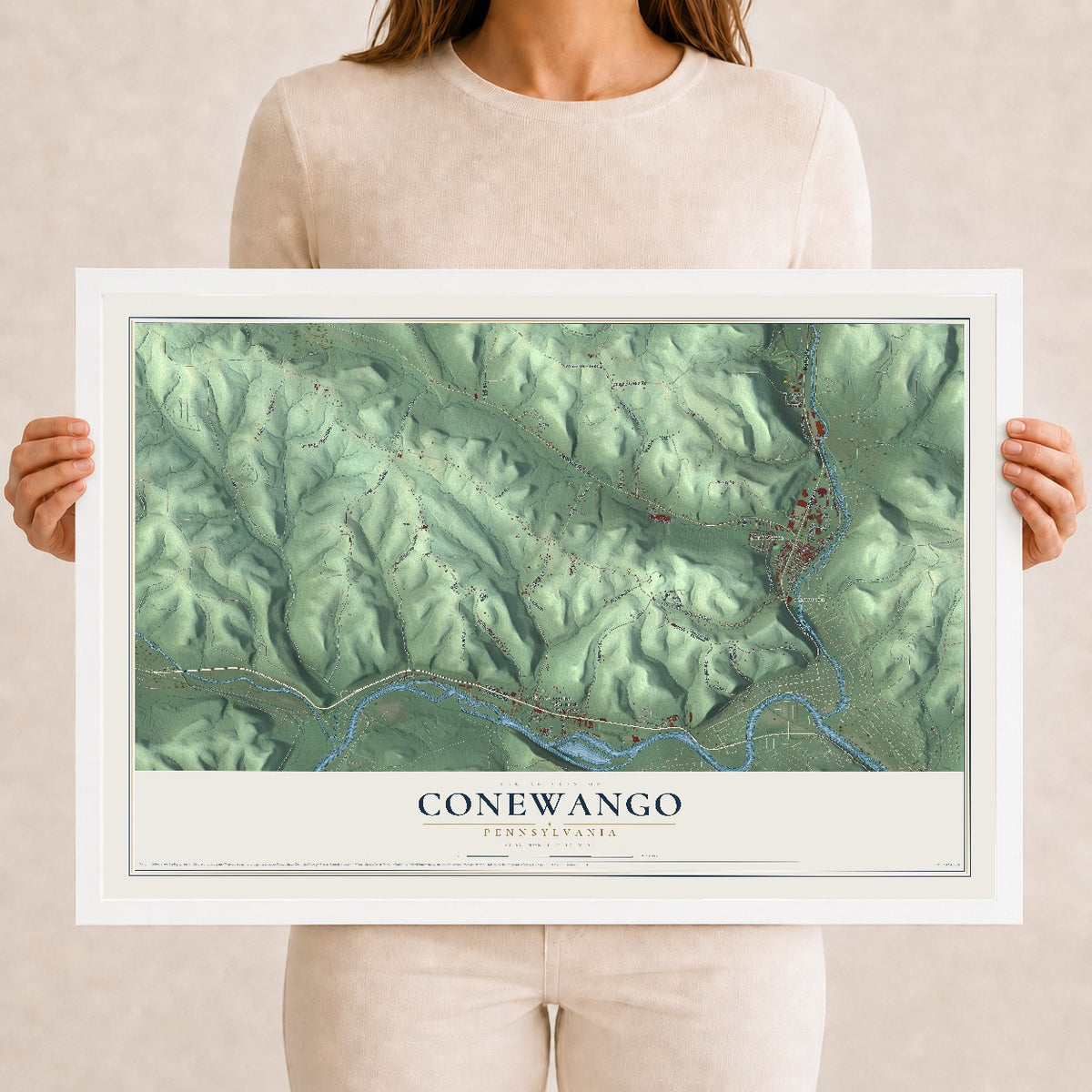 Map of Conewango, Pennsylvania, 12 x 18 inch print in a white wood frame