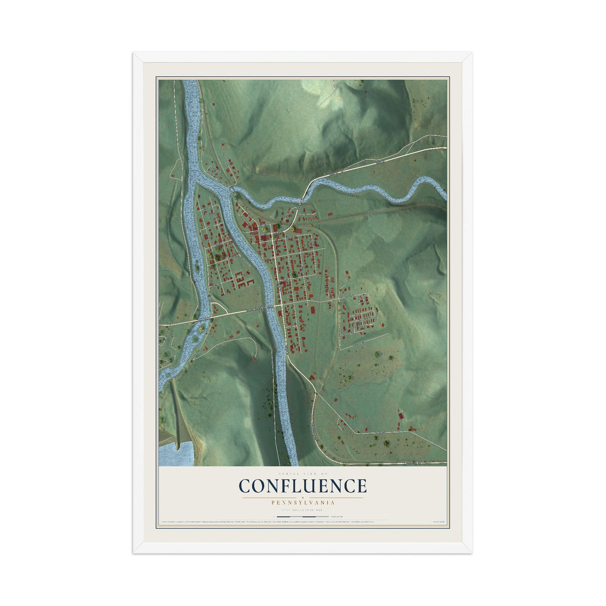 Map of Confluence, Pennsylvania, 12 x 18 inch print in a white wood frame