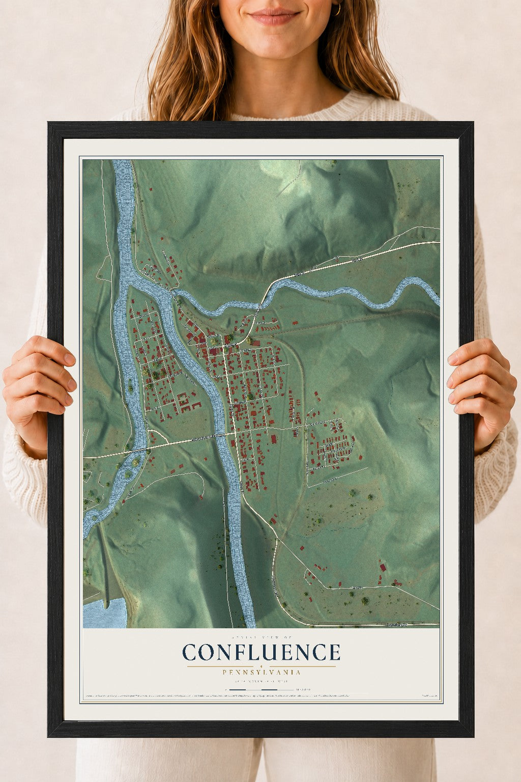 Map of Confluence, Pennsylvania, 18 x 24 inch print in a black wood frame