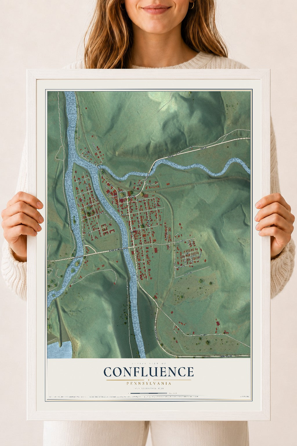 Map of Confluence, Pennsylvania, 18 x 24 inch print in a white wood frame