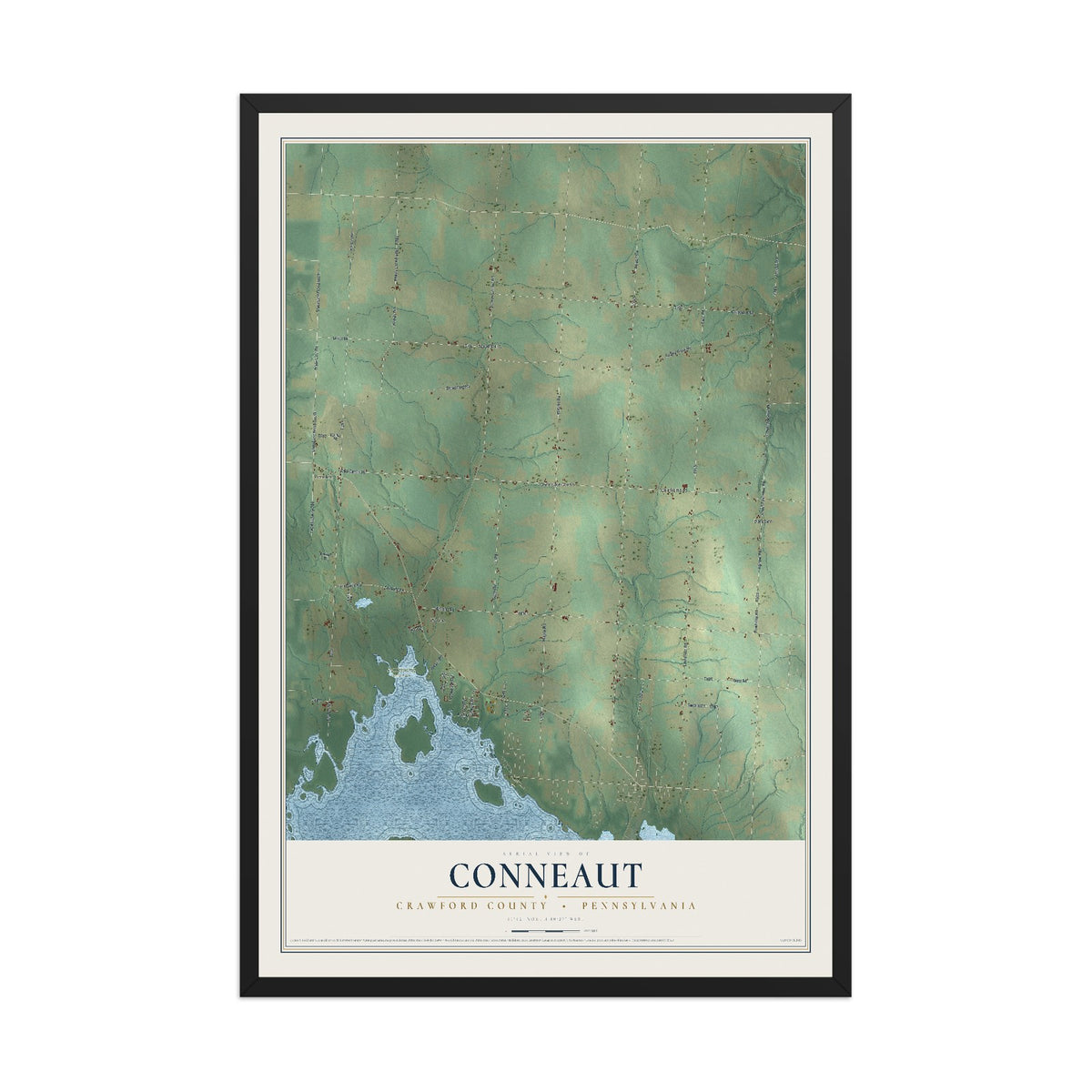 Map of Conneaut, Crawford County, Pennsylvania, 12 x 18 inch print in a black wood frame
