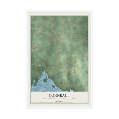 Map of Conneaut, Crawford County, Pennsylvania, 12 x 18 inch print in a white wood frame
