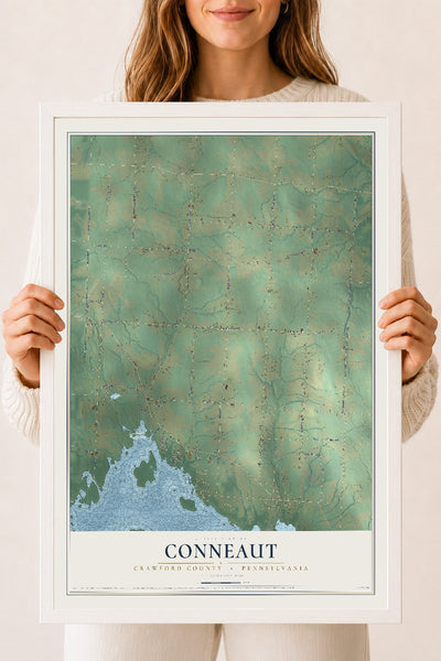 Map of Conneaut, Crawford County, Pennsylvania, 18 x 24 inch print in a white wood frame