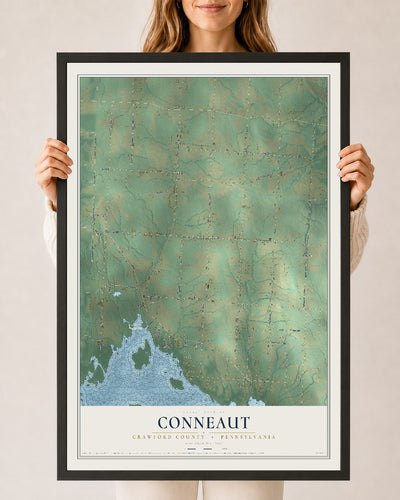 Map of Conneaut, Crawford County, Pennsylvania, 24 x 36 inch print in a black wood frame