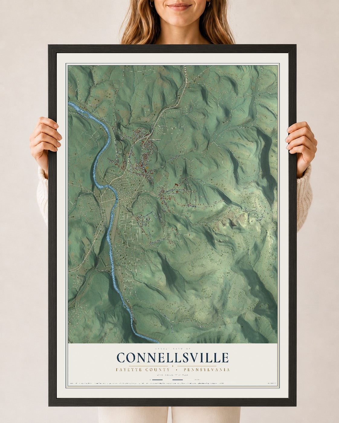 Map of Connellsville, Fayette County, Pennsylvania, 24 x 36 inch print in a black wood frame