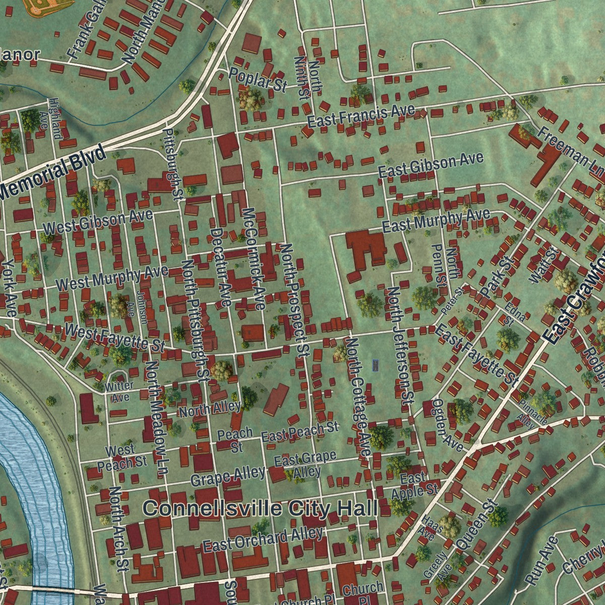 Close-up of the map of the City of Connellsville, Fayette County, Pennsylvania print showing street and building detail