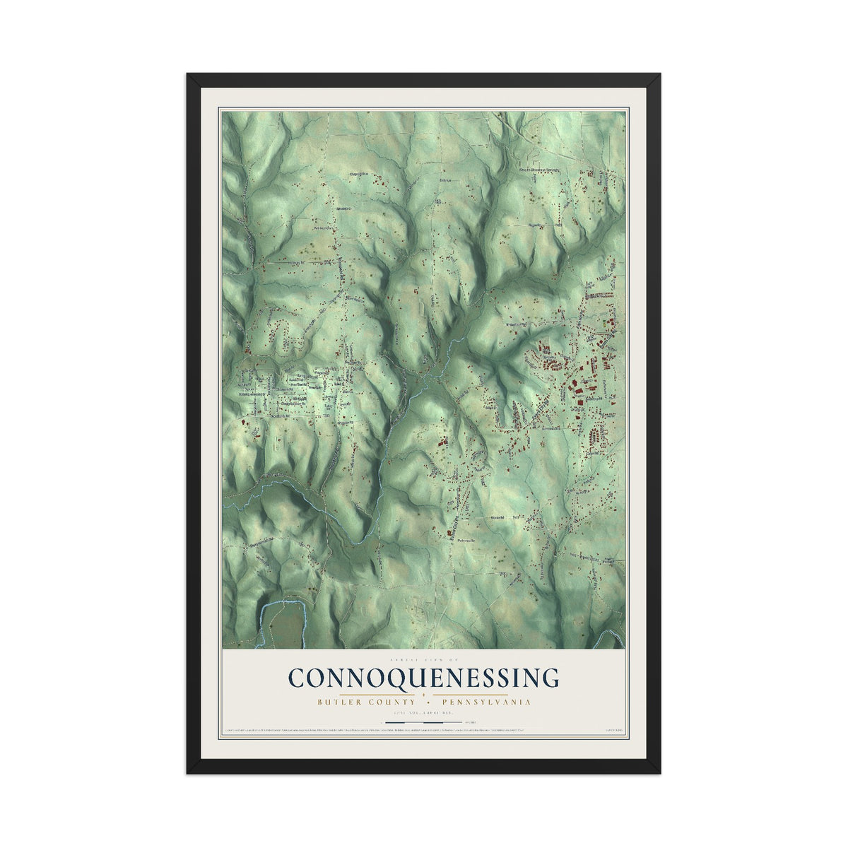 Map of Connoquenessing, Butler County, Pennsylvania, 12 x 18 inch print in a black wood frame