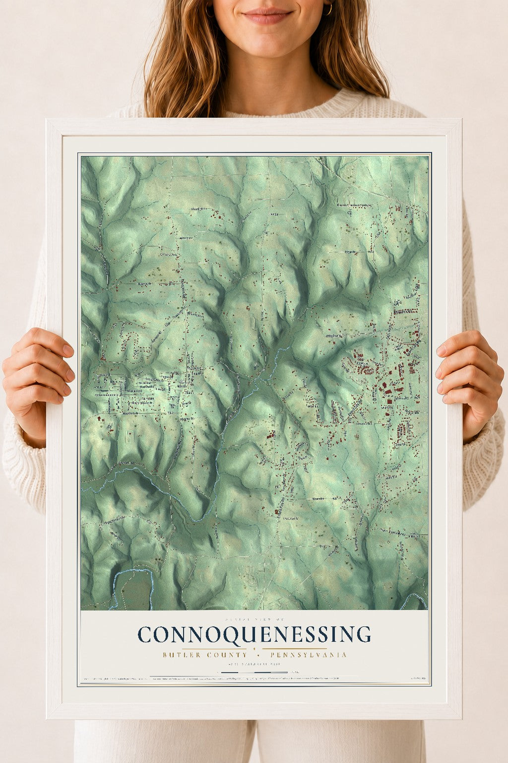 Map of Connoquenessing, Butler County, Pennsylvania, 18 x 24 inch print in a white wood frame