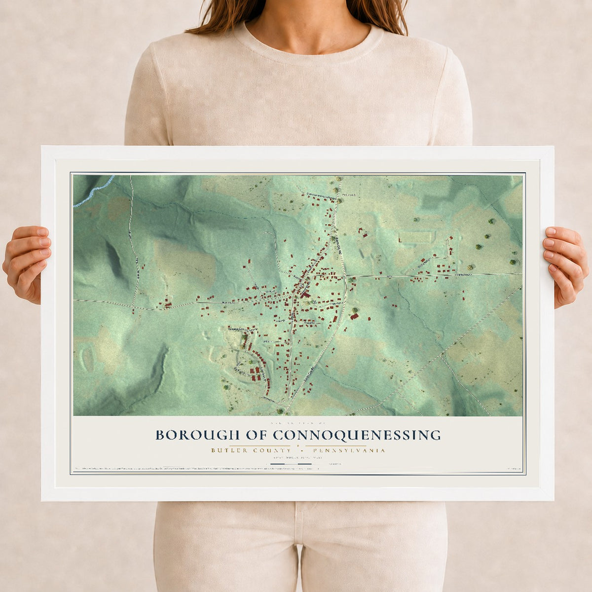 Map of the Borough of Connoquenessing, Butler County, Pennsylvania, 12 x 18 inch print in a white wood frame