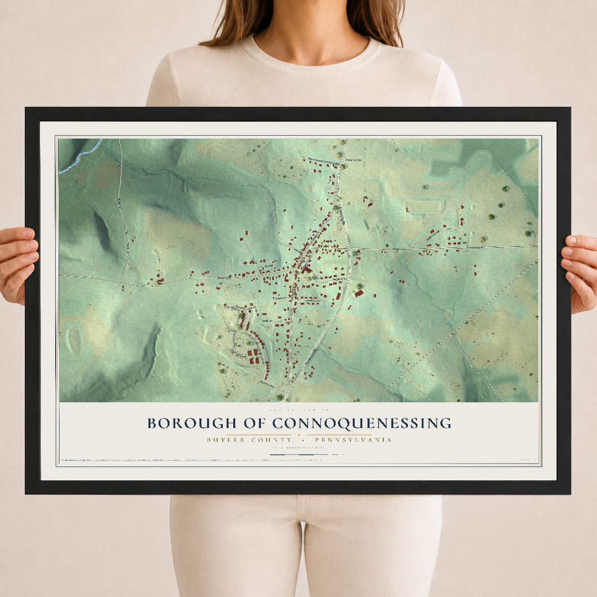 Map of the Borough of Connoquenessing, Butler County, Pennsylvania, 18 x 24 inch print in a black wood frame