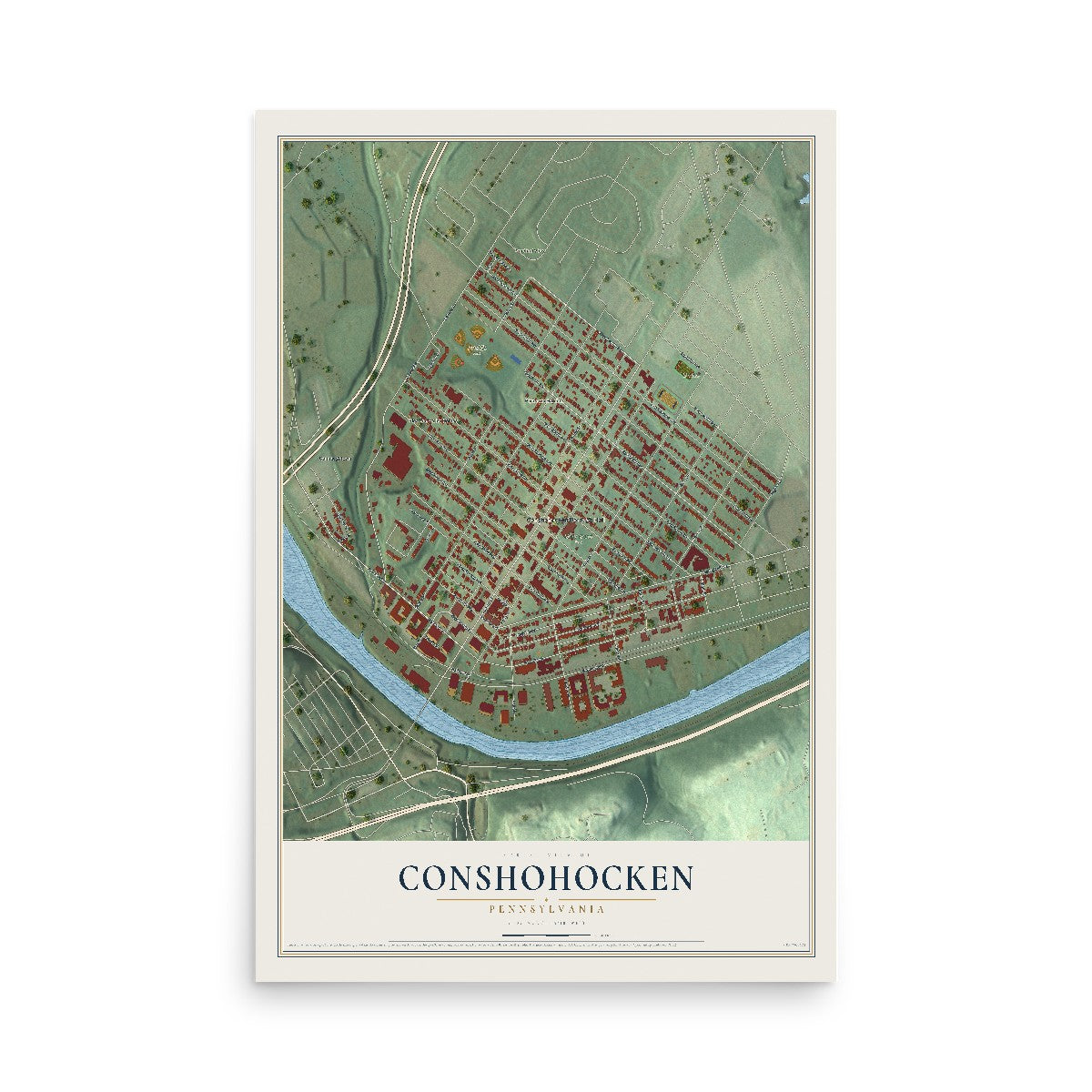 Map of Conshohocken, Pennsylvania, 12 x 18 inch unframed archival matte print