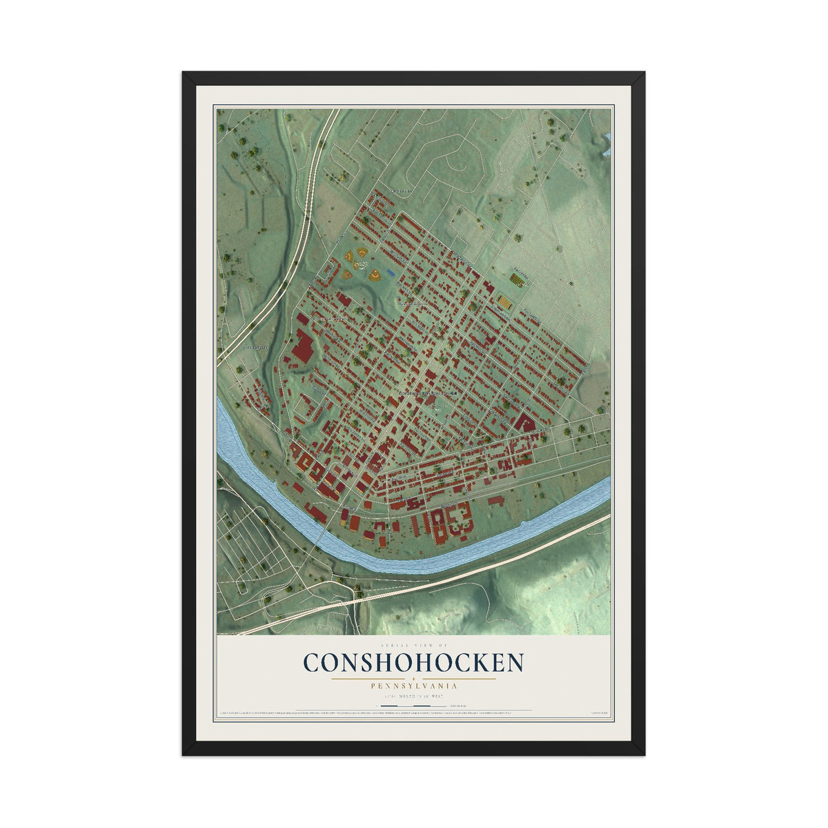 Map of Conshohocken, Pennsylvania, 12 x 18 inch print in a black wood frame