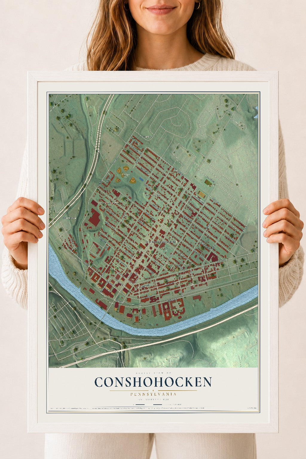 Map of Conshohocken, Pennsylvania, 18 x 24 inch print in a white wood frame