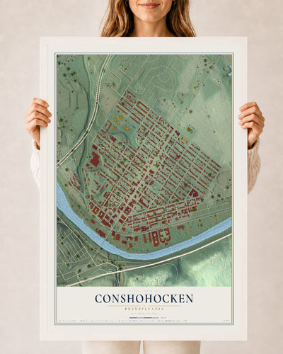 Map of Conshohocken, Pennsylvania, 24 x 36 inch print in a white wood frame