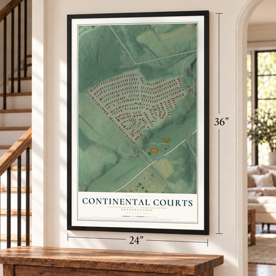 Continental Courts, Pennsylvania map, 24 x 36 inch print in a black frame by a staircase
