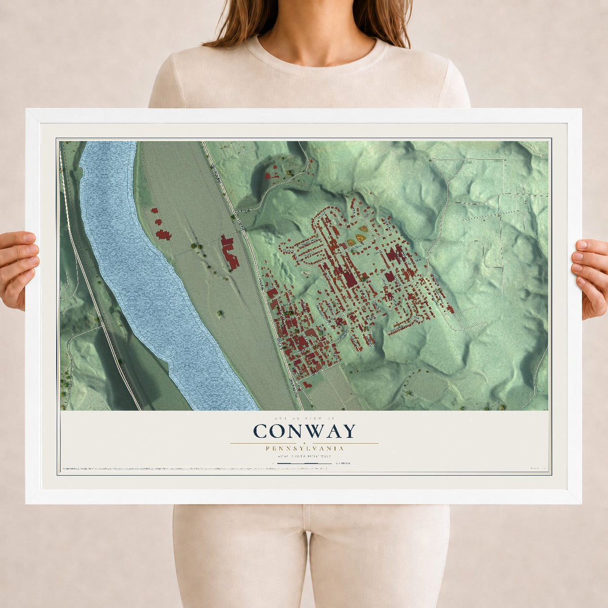 Map of Conway, Pennsylvania, 18 x 24 inch print in a white wood frame