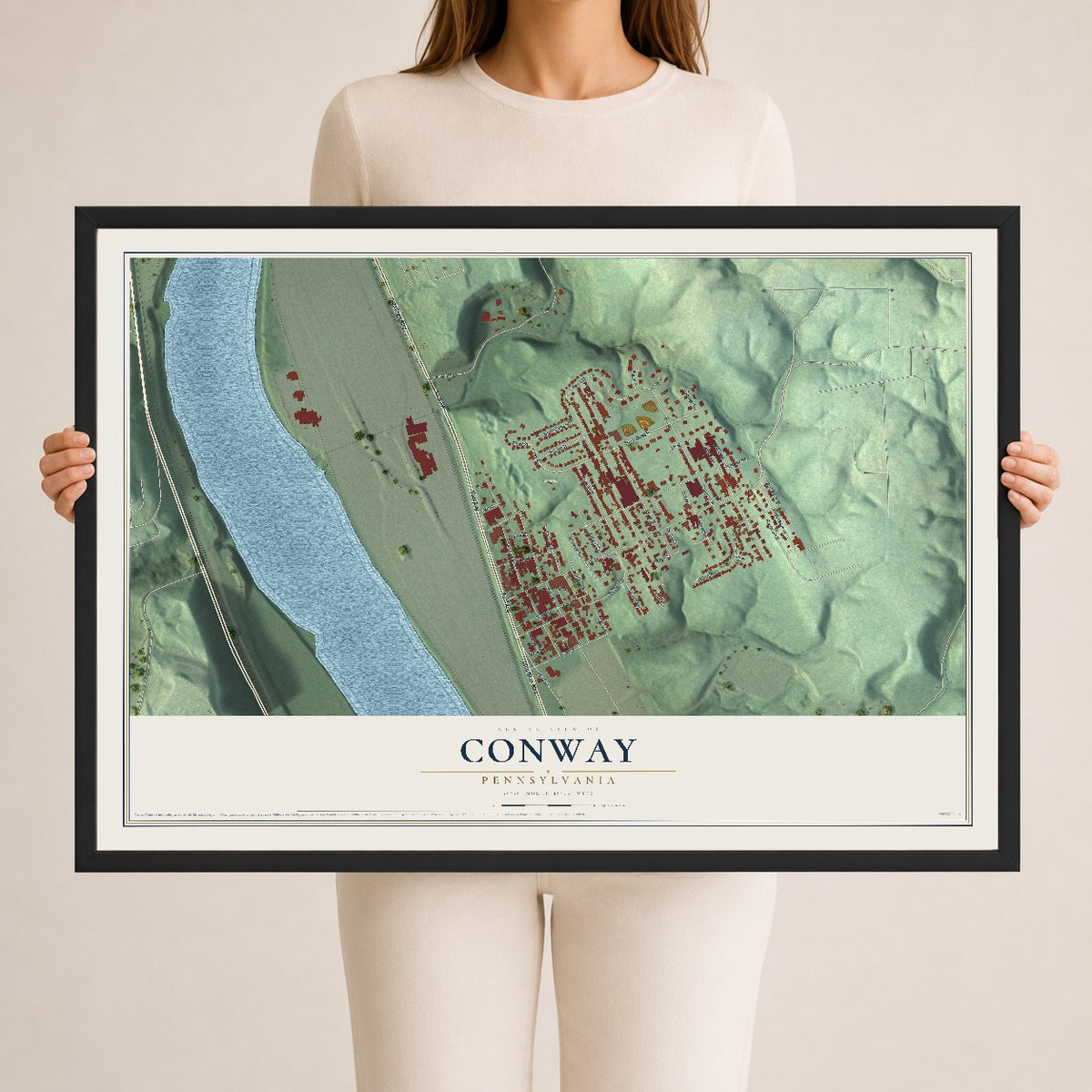 Map of Conway, Pennsylvania, 24 x 36 inch print in a black wood frame